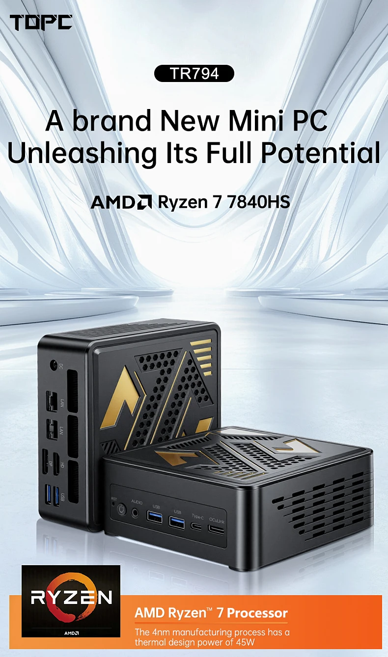 TOPC AMD Ryzen 7 7840HS Mini PC Radeon 780M DDR5 5600MHz WiFi 6E 2.5G LAN OCuLink USB4 Barebone Gaming Computer