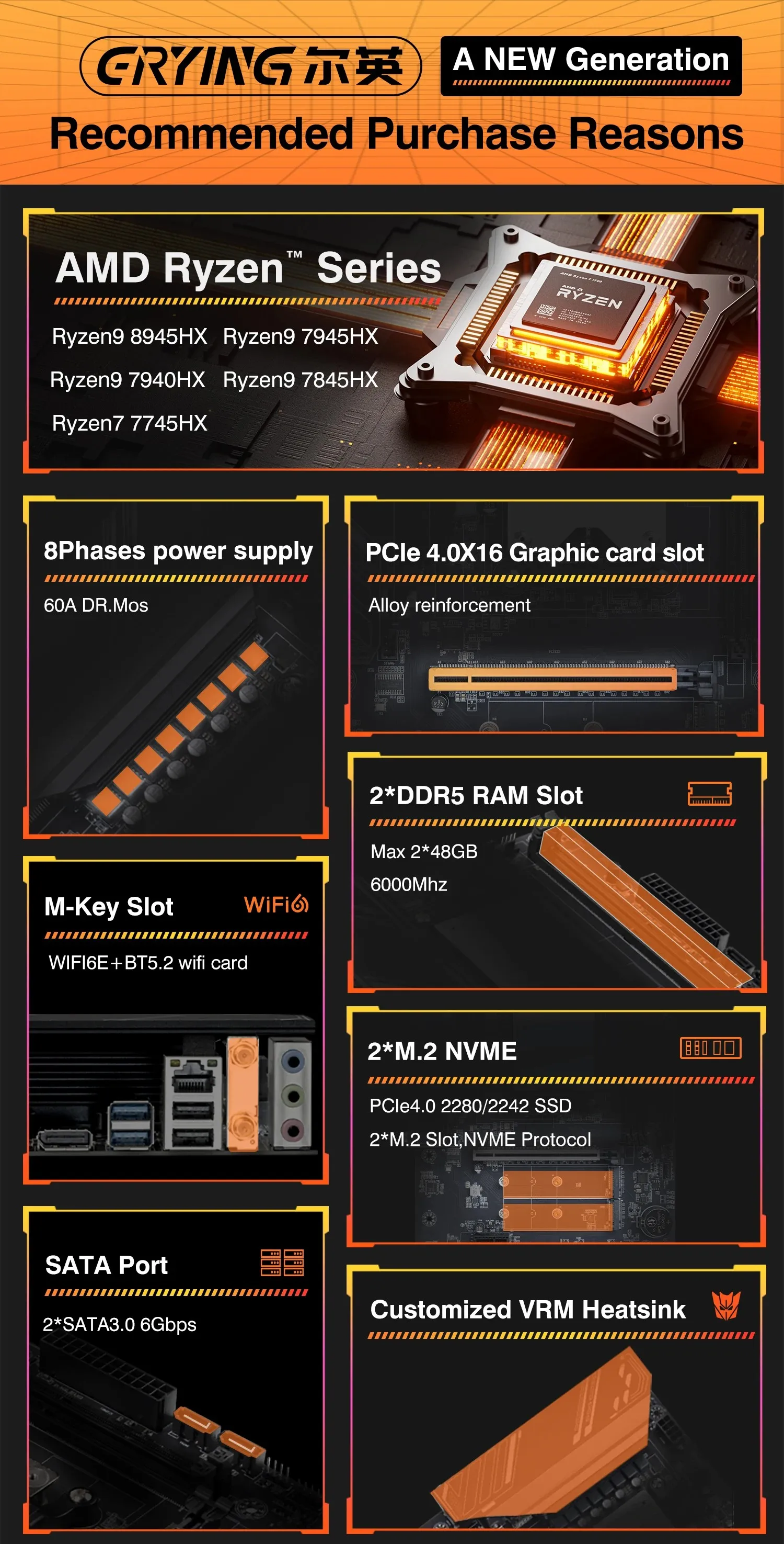ERYING Ryzen 9 7845HX/7940HX/7945HX/8945HX Gaming Motheboard DDR5 M.2 2280 SSD M-ATX Motheboard WIFI6E ARGB AM5 Socket Gaming PC