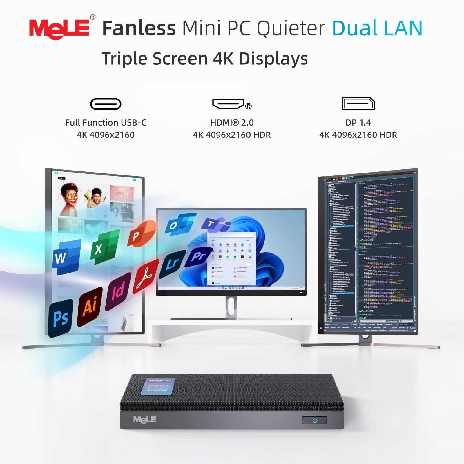 MeLE QuieterDL Fanless N150 Mini PC 2.5Gb Dual LAN Micro PC USB-C HDMI2.0 DP1.4 USB C Display Desktop Computers