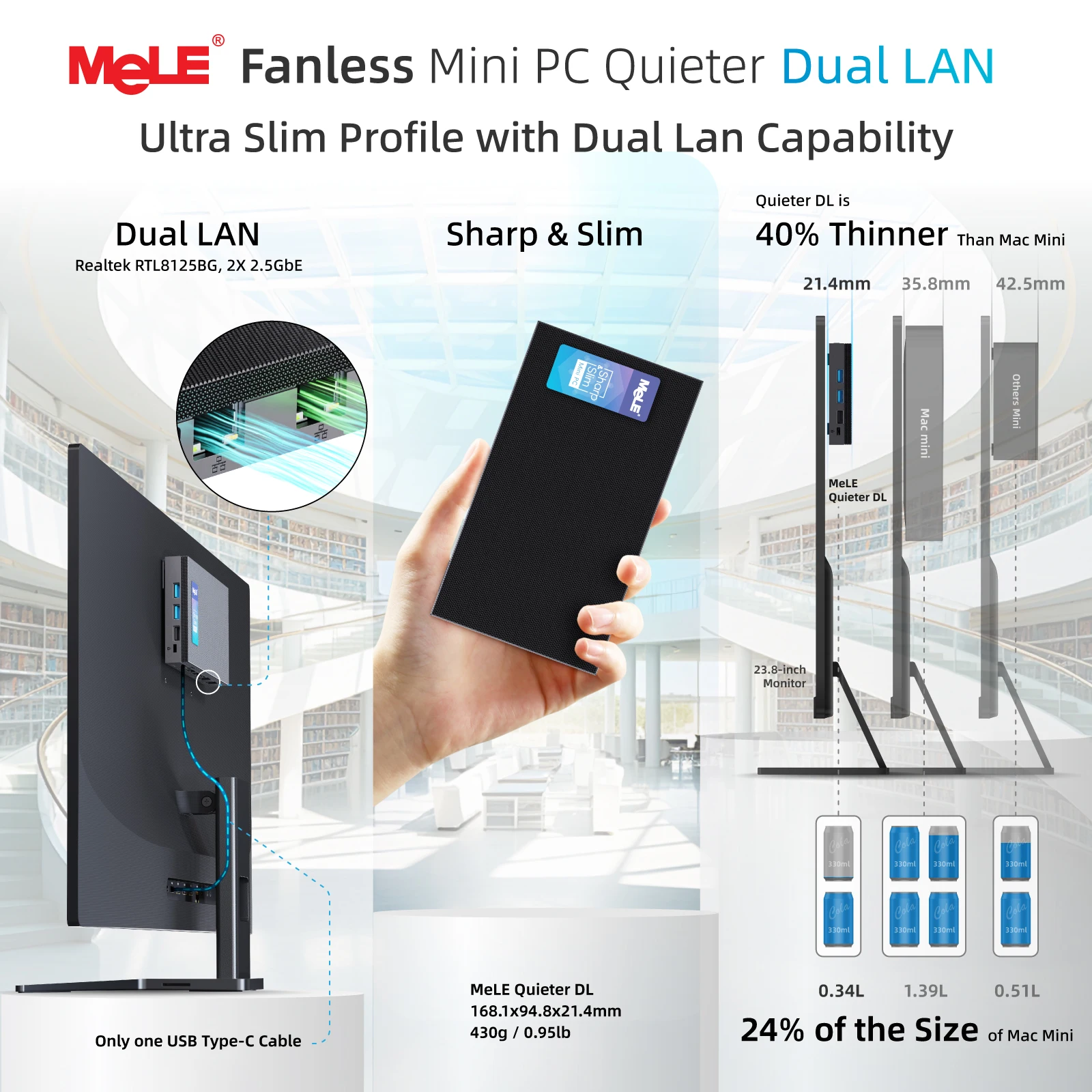 MeLE QuieterDL Fanless N150 Mini PC 2.5Gb Dual LAN Micro PC USB-C HDMI2.0 DP1.4 USB C Display Desktop Computers
