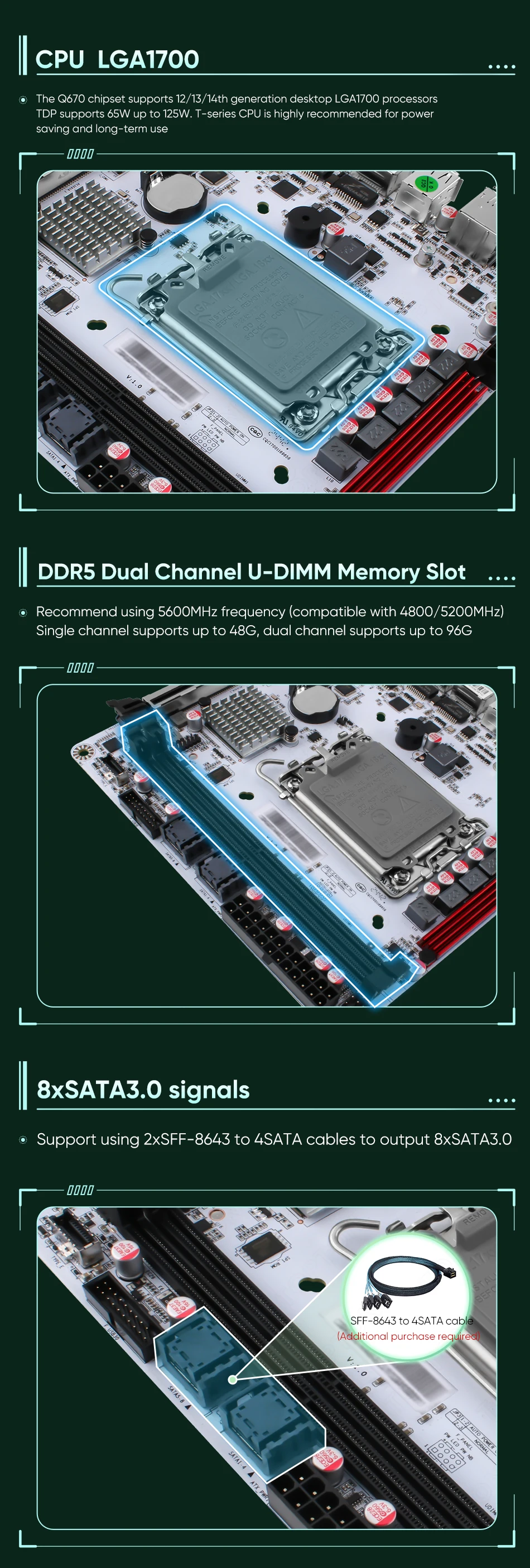 Q670 Plus Intel VPro 8-Bay NAS Motherboard 12/13/14th Gen LGA1700 CPU 3*NVMe 2*SFF-8643 1*PCIE5.0x16 2*DDR5 2*2.5G LAN Mainboard