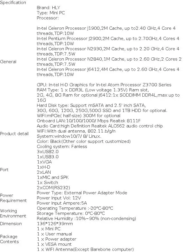 Helorpc Fanless Industrial Mini PC with Celeron N2840/N2930/J1900/J2900 Support Windows10 2xGigabit Ethernet 4xUSB WIFI Computer