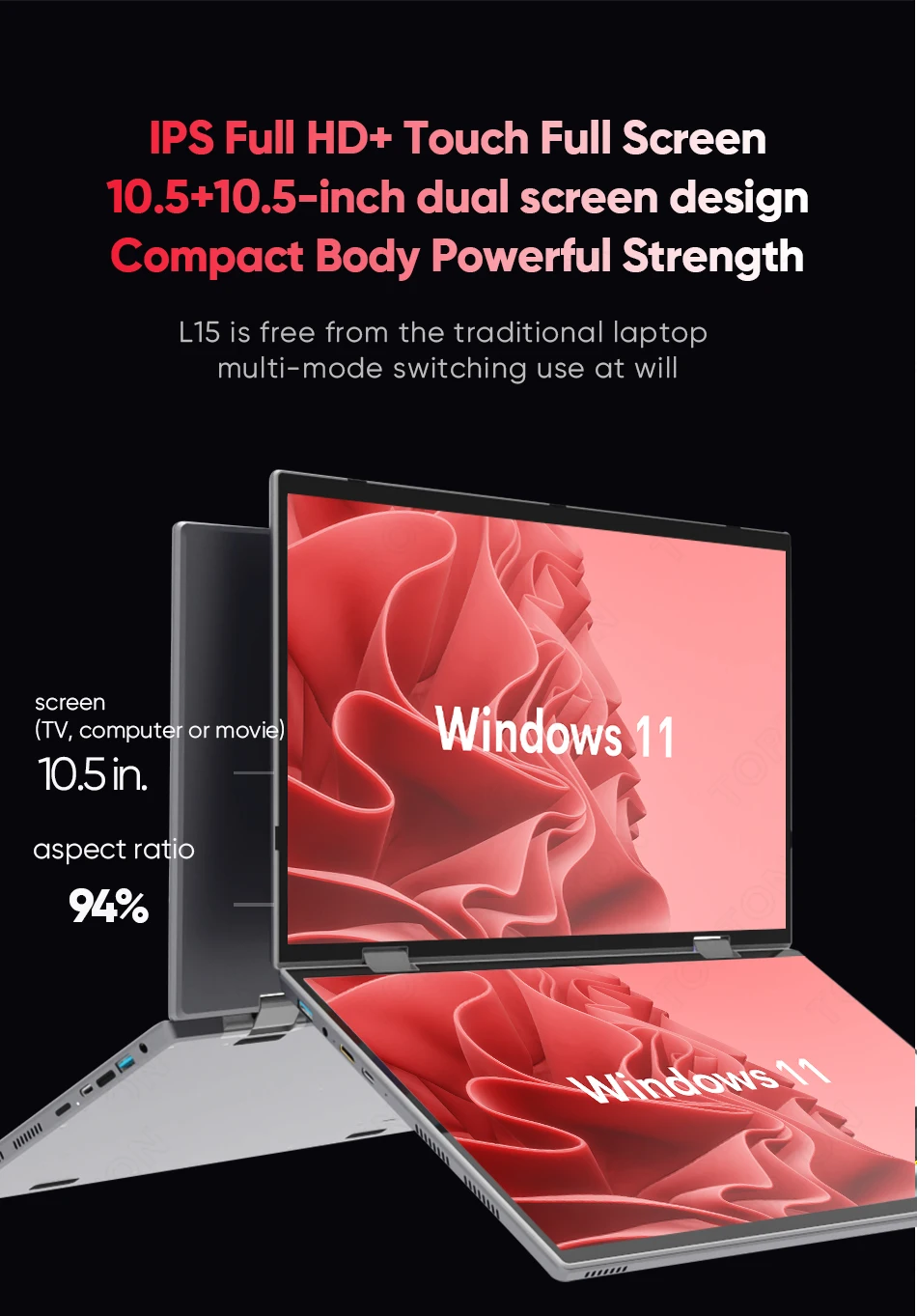 Topton L15 360° YOGA Laptop Intel N95 N100 Dual 10.5 Inch IPS Touch Screen Windows 11 2 in 1 Tablet Notebook Office Mini PC