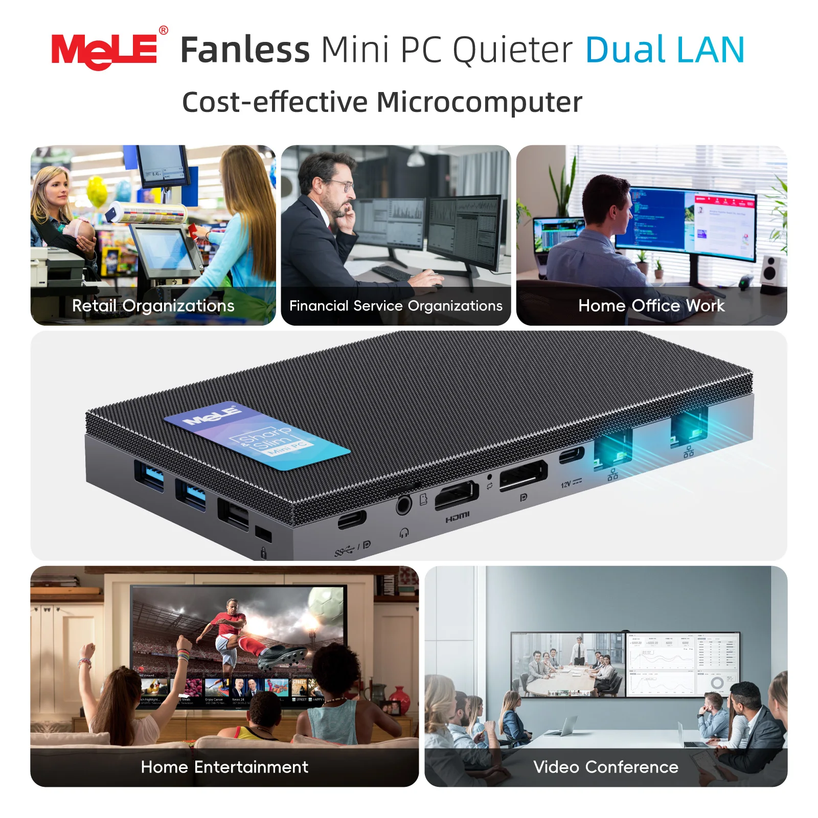 MeLE QuieterDL Fanless Mini PC 2.5Gb Dual LAN N100 Micro PC USB-C HDMI2.0+DP1.4 Triple Display Desktop Computers