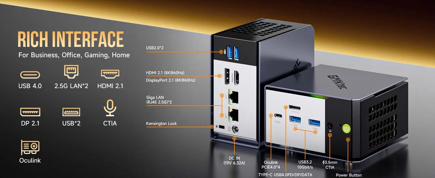 GMKtec EVO-X1 Ryzen Al 9 HX 370 / EVO-X1 Pro Ryzen Al 9 HX 470 PCIE4.0 Oculink Port CPU+CPU+NPU TDP 65W Gaming Mini Pc LPDDR5X