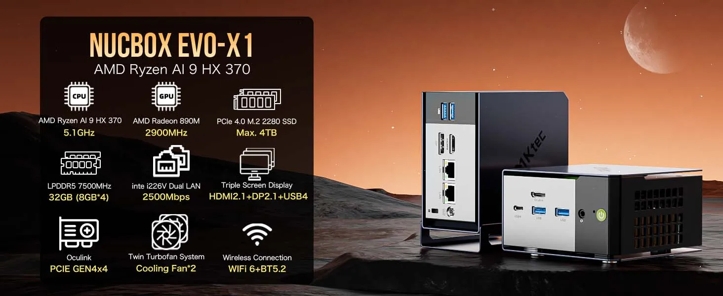 GMKtec EVO-X1 Ryzen Al 9 HX 370 / EVO-X1 Pro Ryzen Al 9 HX 470 PCIE4.0 Oculink Port CPU+CPU+NPU TDP 65W Gaming Mini Pc LPDDR5X
