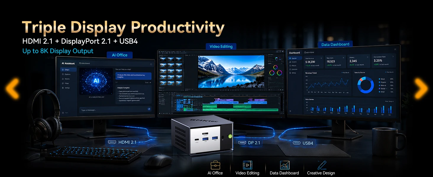 GMKtec EVO-X1 Ryzen Al 9 HX 370 / EVO-X1 Pro Ryzen Al 9 HX 470 PCIE4.0 Oculink Port CPU+CPU+NPU TDP 65W Gaming Mini Pc LPDDR5X
