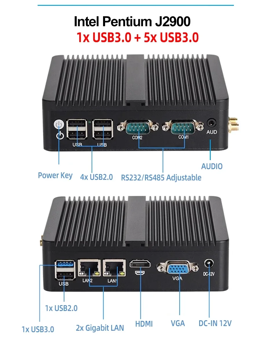 Fanless Industrial PC N5095 2955U i5-4200U 5200U i3-5005U Mini PC Windows Ubuntu 2x Gigabit Ethernet 2x COM RS232 WiFi HDMI VGA