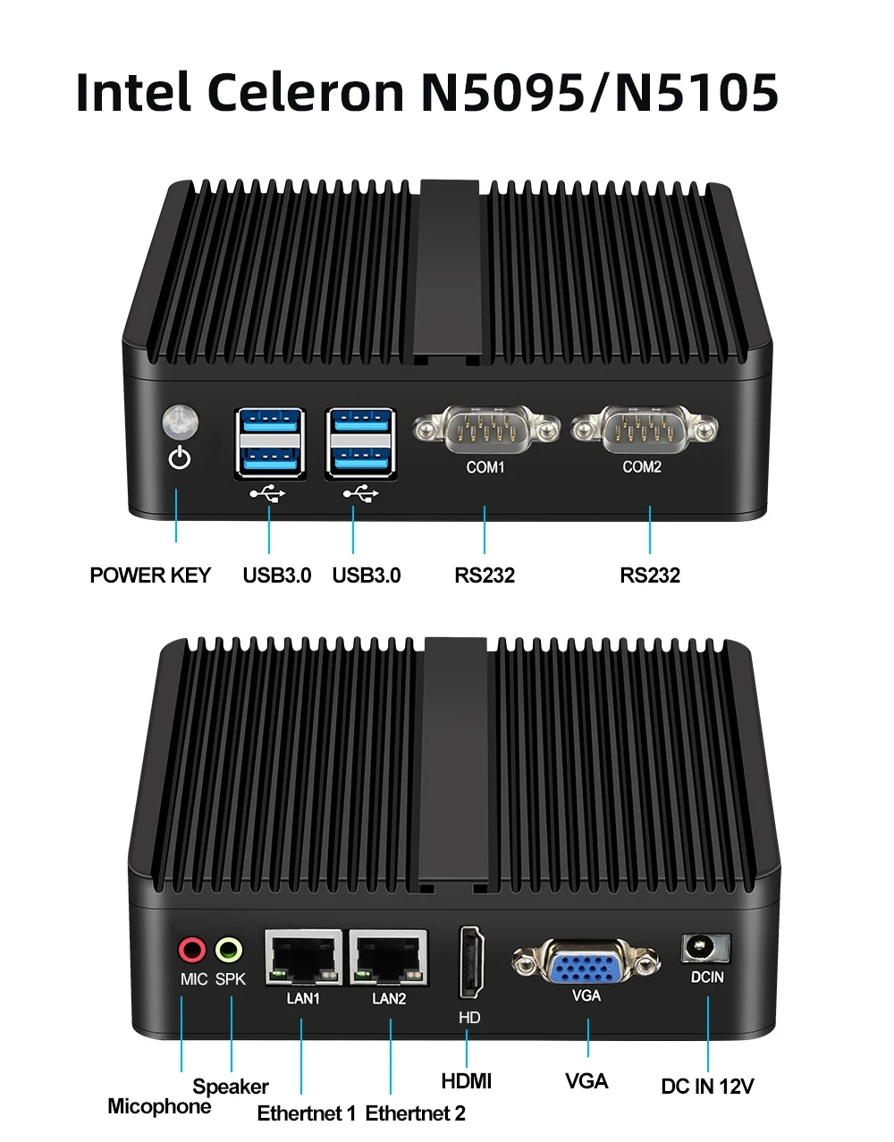 Fanless Industrial PC N5095 2955U i5-4200U 5200U i3-5005U Mini PC Windows Ubuntu 2x Gigabit Ethernet 2x COM RS232 WiFi HDMI VGA