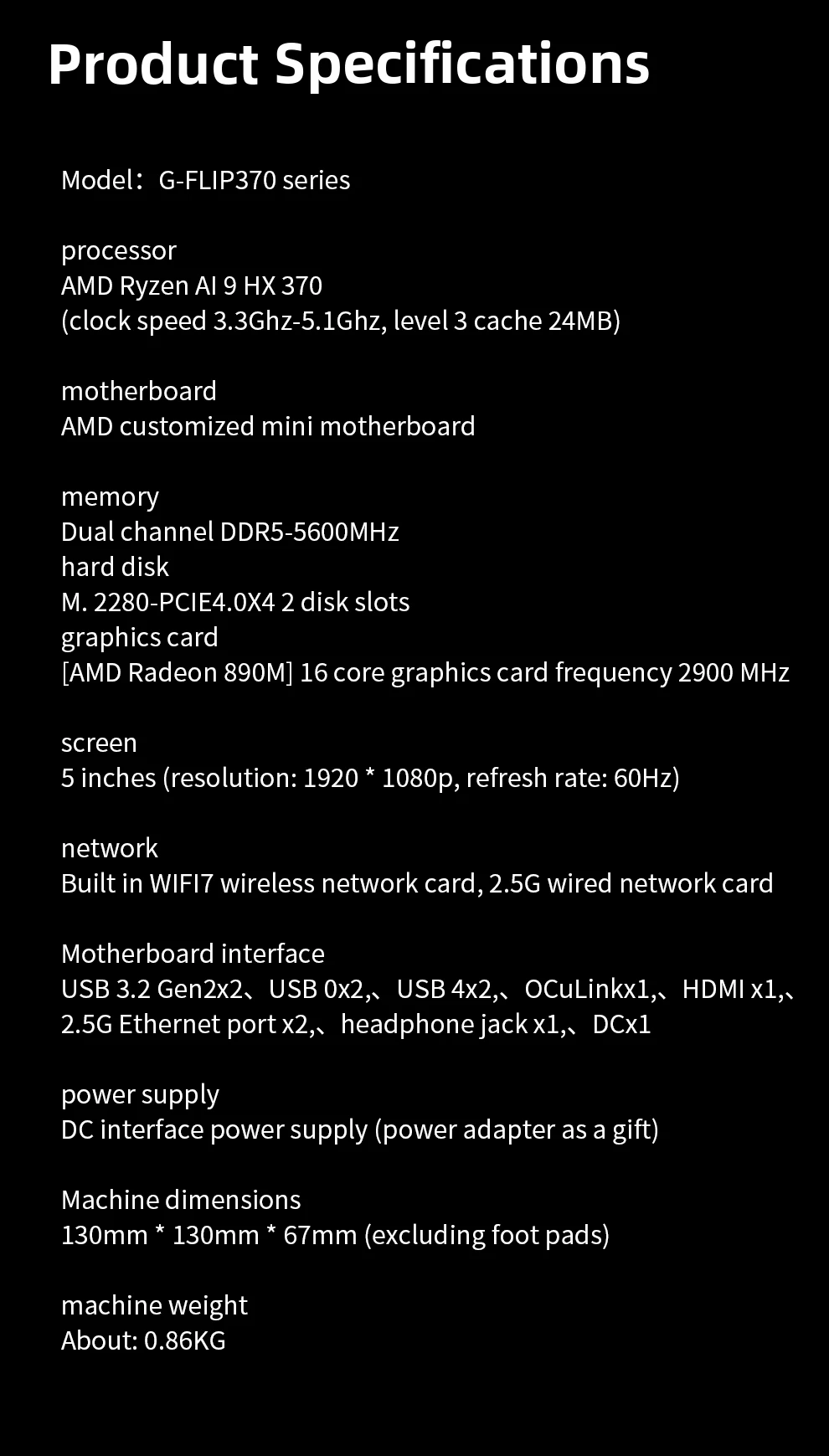 Aoostar G-FLIP AMD Ryzen AI9 HX370/R7 8745HS/R7 8845HS/R9 Pro 8945HS Mini PC Gaming Computer 5' Screen WIFI BT USB4 OCuLink