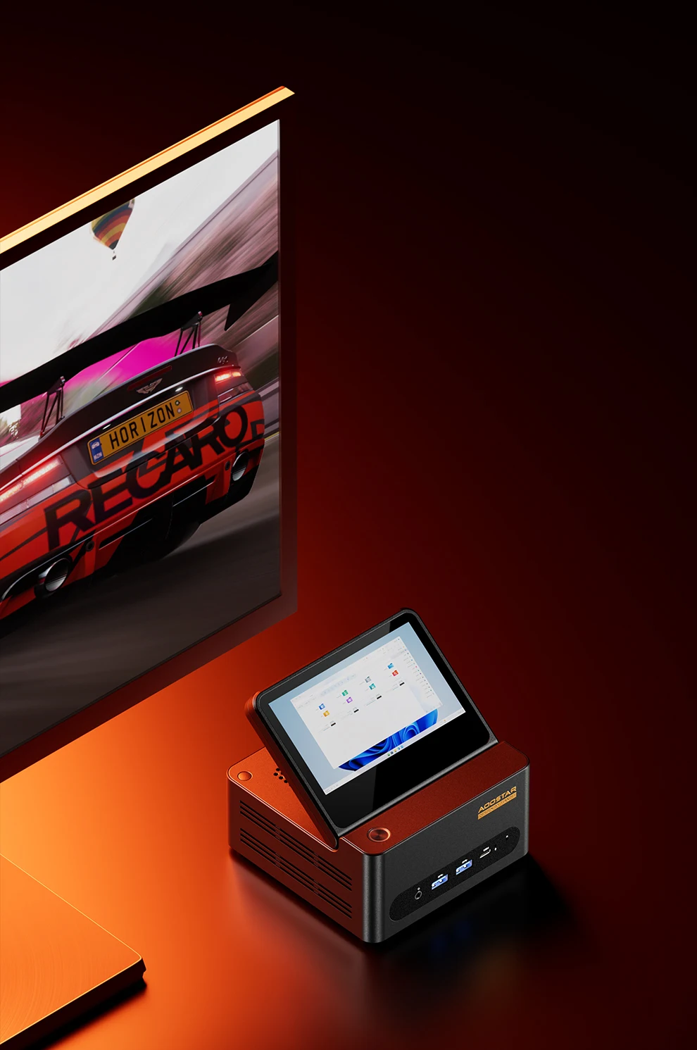 Aoostar G-FLIP AMD Ryzen AI9 HX370/R7 8745HS/R7 8845HS/R9 Pro 8945HS Mini PC Gaming Computer 5' Screen WIFI BT USB4 OCuLink