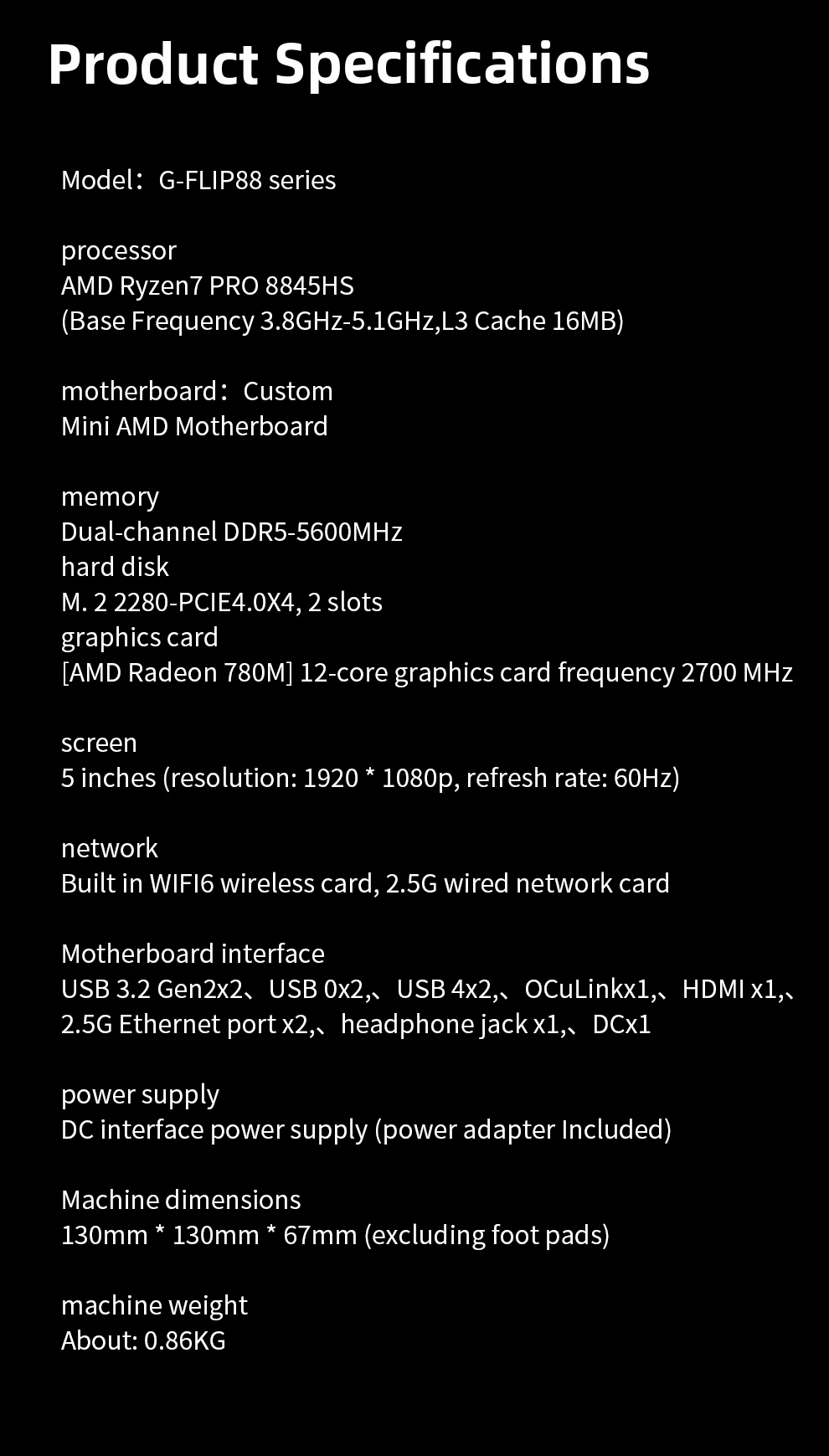 Aoostar G-FLIP AMD Ryzen AI9 HX370/R7 8745HS/R7 8845HS/R9 Pro 8945HS Mini PC Gaming Computer 5' Screen WIFI BT USB4 OCuLink