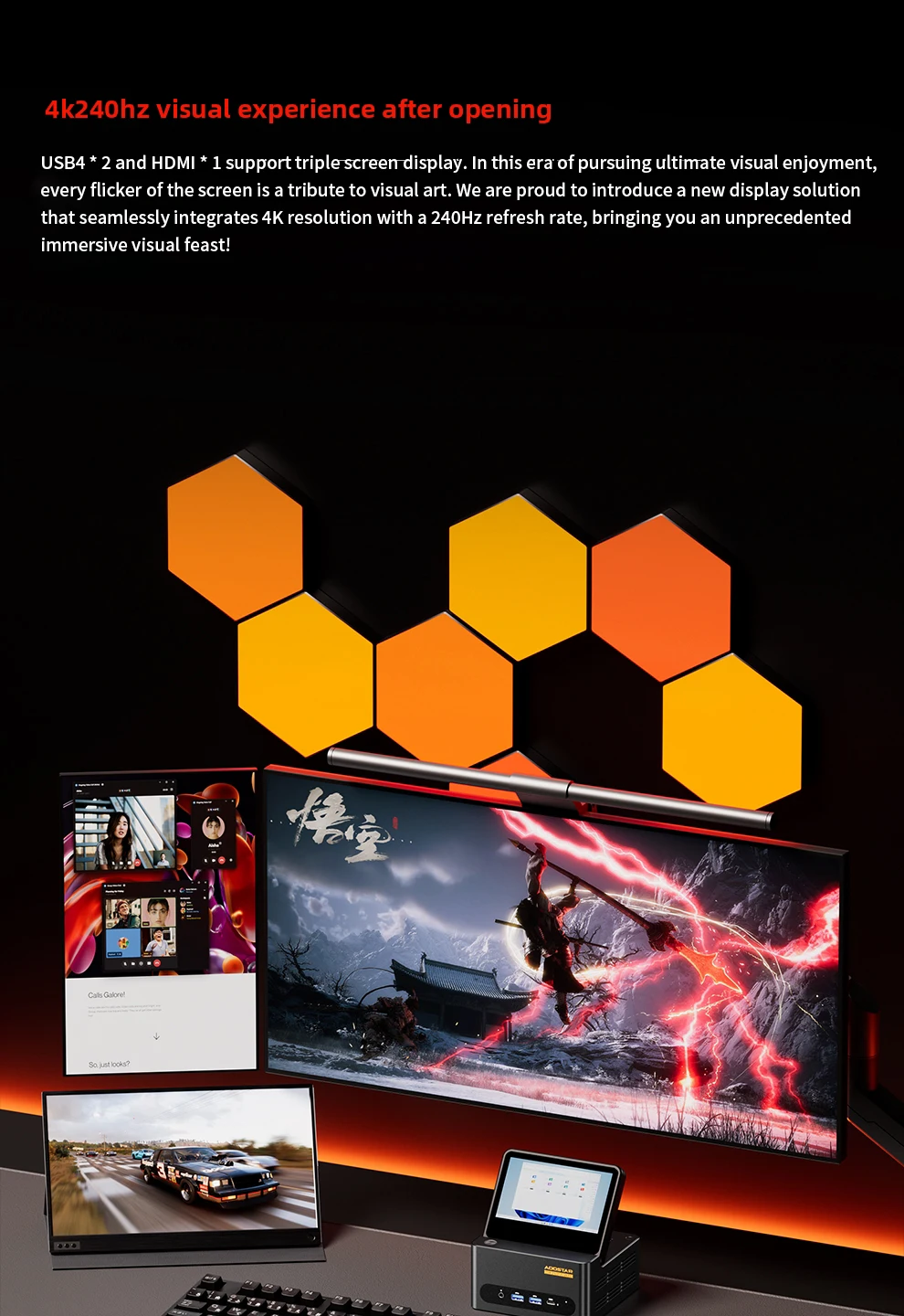 Aoostar G-FLIP AMD Ryzen AI9 HX370/R7 8745HS/R7 8845HS/R9 Pro 8945HS Mini PC Gaming Computer 5' Screen WIFI BT USB4 OCuLink