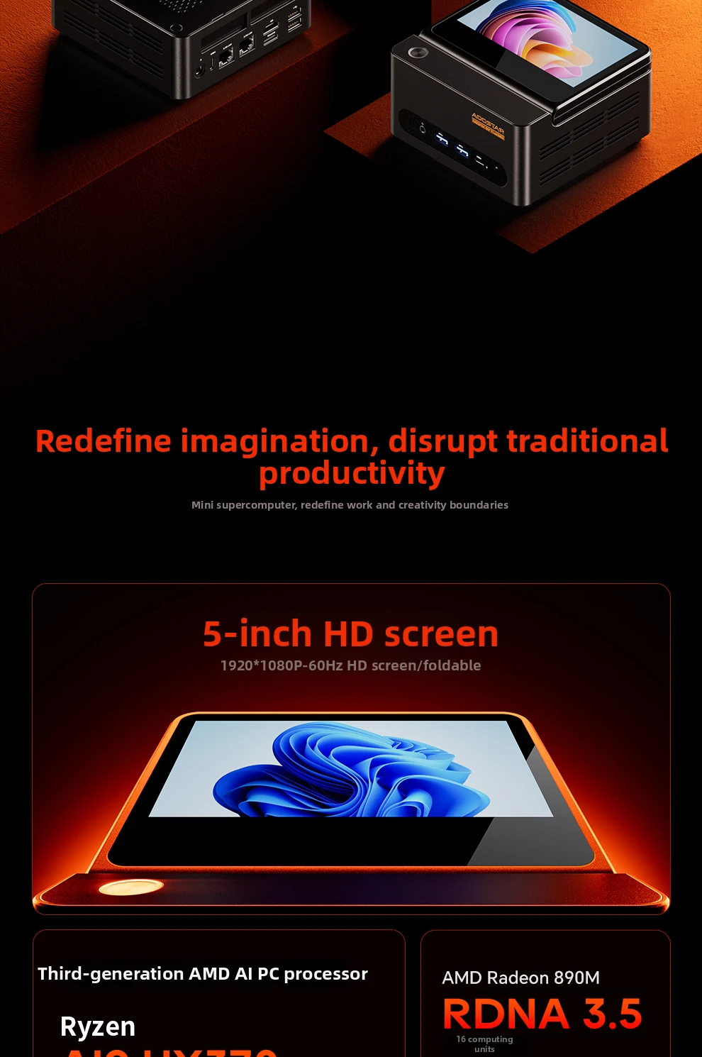Aoostar G-FLIP AMD Ryzen AI9 HX370/R7 8745HS/R7 8845HS/R9 Pro 8945HS Mini PC Gaming Computer 5' Screen WIFI BT USB4 OCuLink