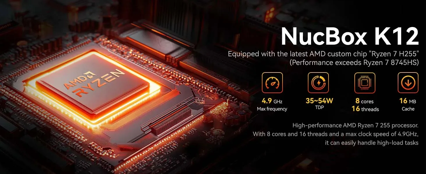 GMKtec K12 Mini PC AMD Ryzen 7 H 255 Windows 11 Pro DDR5 5600Mhz PCie4.0 NVMe SSD Wifi6E BT5.2 Quad Screen Display Oculink