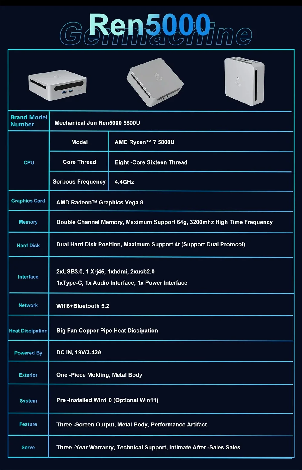 GenMachine AMD Ryzen 7 5700U/5800H/5800U/4800H Mini PC Windows 11 Pro DDR4 3200MHz NVMe SSD WiFi6 BT5.2 Desktop Gaming Computer