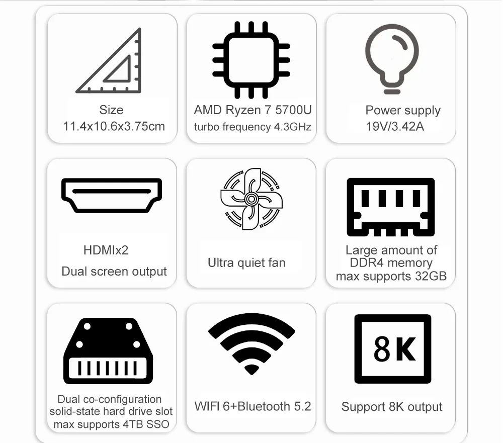 GenMachine AMD Ryzen 7 5700U/5800H/5800U/4800H Mini PC Windows 11 Pro DDR4 3200MHz NVMe SSD WiFi6 BT5.2 Desktop Gaming Computer