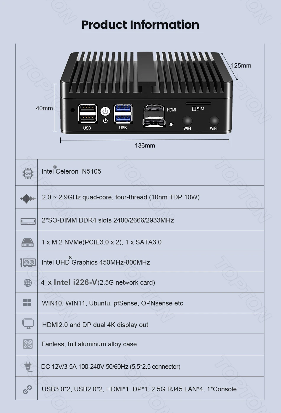 Topton Twin Lake Intel N150 Fanless Soft Router J6412 N5105 7305 4*2.5G NICs Mini PC PfSense OPNsense Firewall Appliance AES-NI