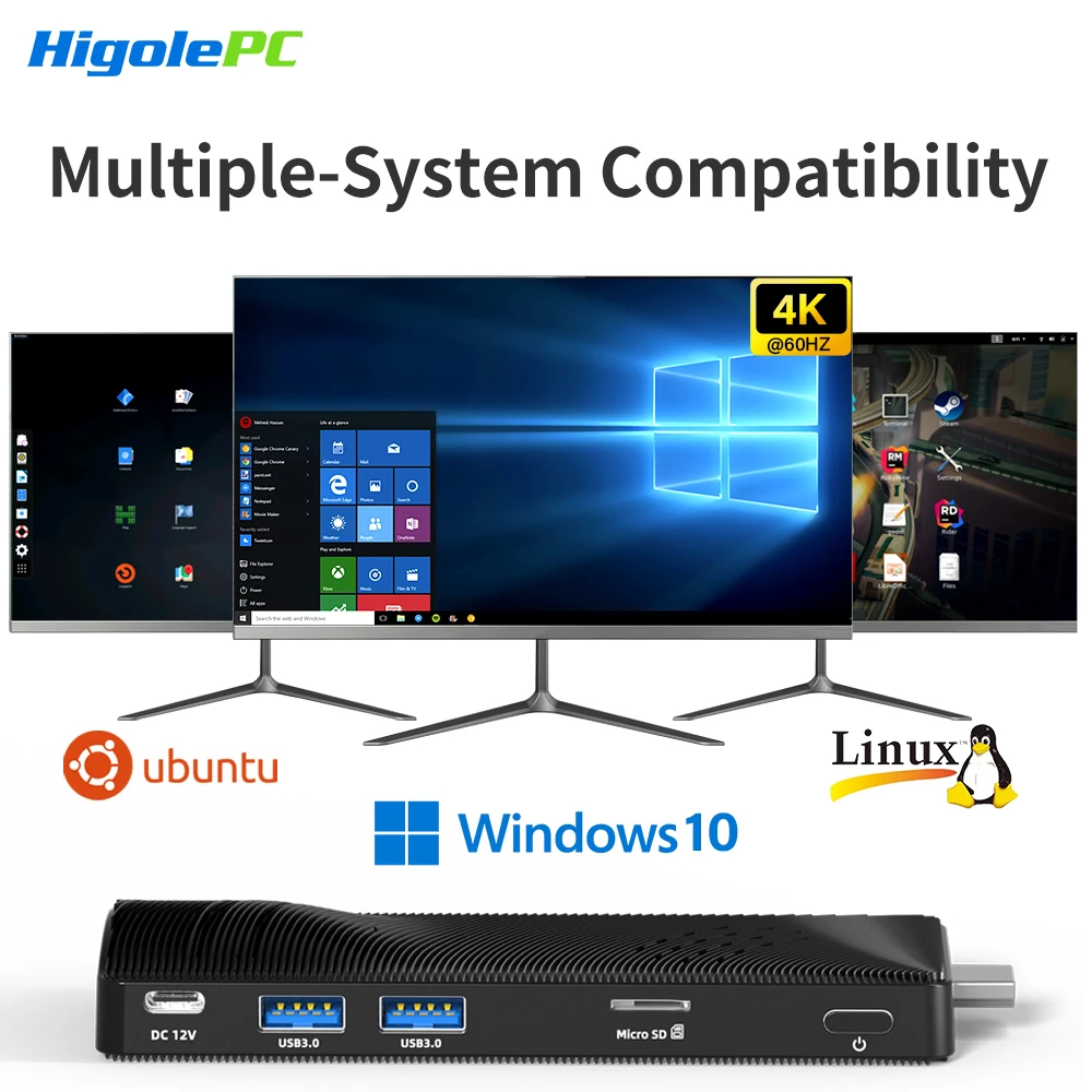 MiniPC Stick Fanless,Micro Desktop Computer CPU J3455,4GB/64GB,Gigabit Ethernet,4K@60Hz Output,Business,Office & Digital SignagE
