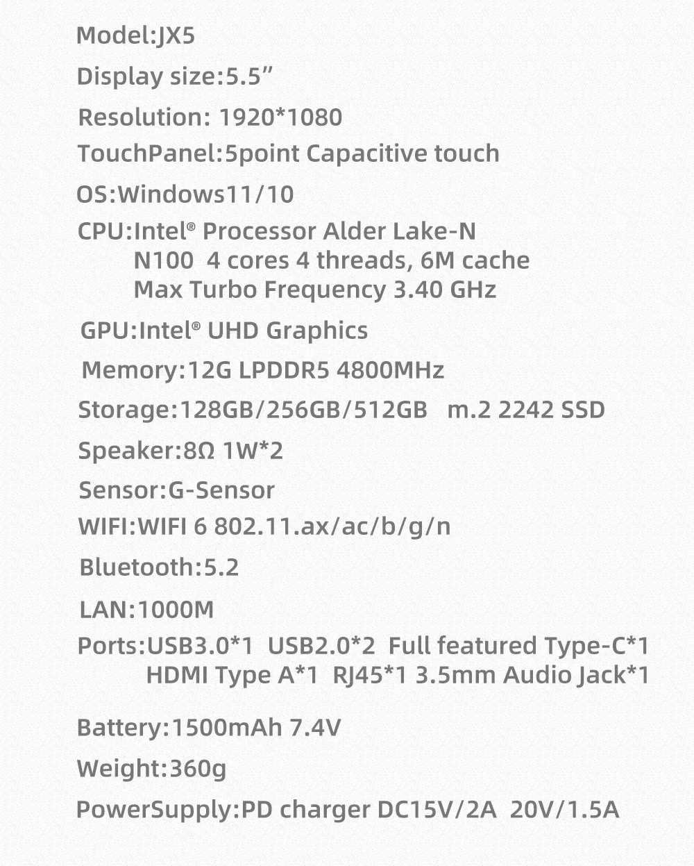 SZBOX Alder Lake N100 JX5 Pocket Mini PC LPDDR5 12GB 1TB Windows 11 WIFI6 BT5.2 Type-C Metal Body Dual Screen Portable Computer