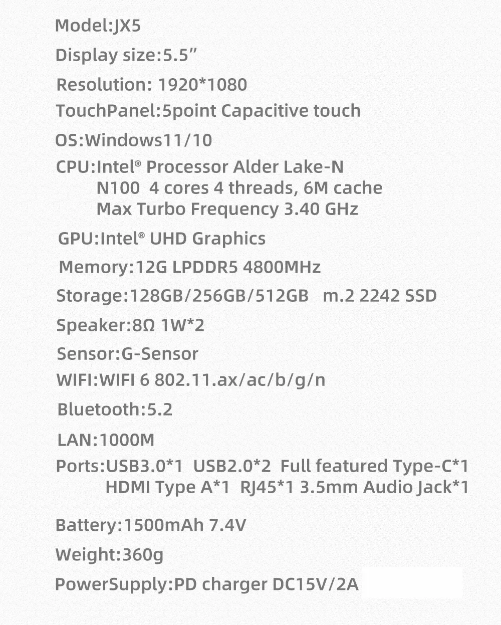SZBOX Alder Lake N100 JX5 Pocket Mini PC LPDDR5 12GB 1TB Windows 11 WIFI6 BT5.2 Type-C Metal Body Dual Screen Portable Computer