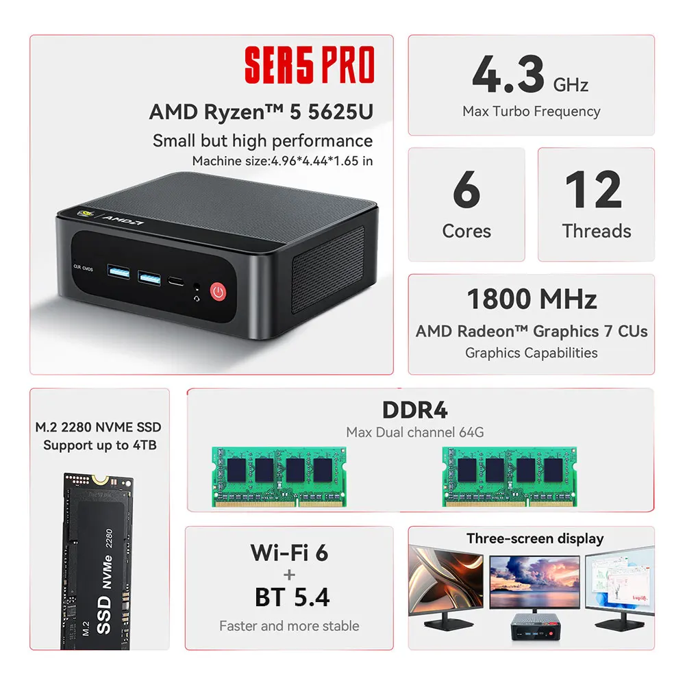 Beelink SER5 AMD R5 DDR4 5500U R3 3200U SER5 Max R7 DDR5 7735HS Mini PC DDR4 16G RAM 500G Type-C 4K Win11 Desktop Gamer Computer