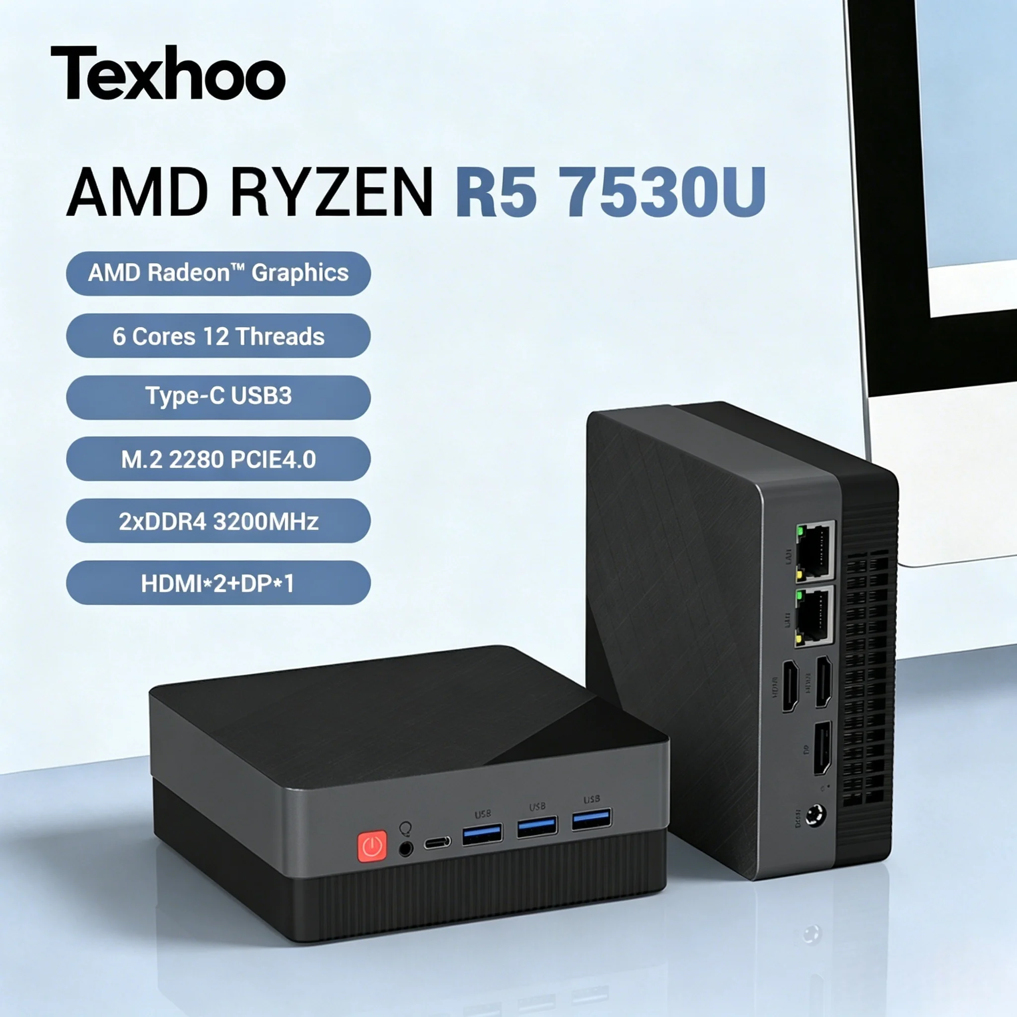 Texhoo MINI PC AMD Ryzen 5 7530U Windows 11 Pro 8G DDR4 2666MHz 256G NVME SSD Desktop Mini Computers WIFI6 BT5.2 Dual 4k Display