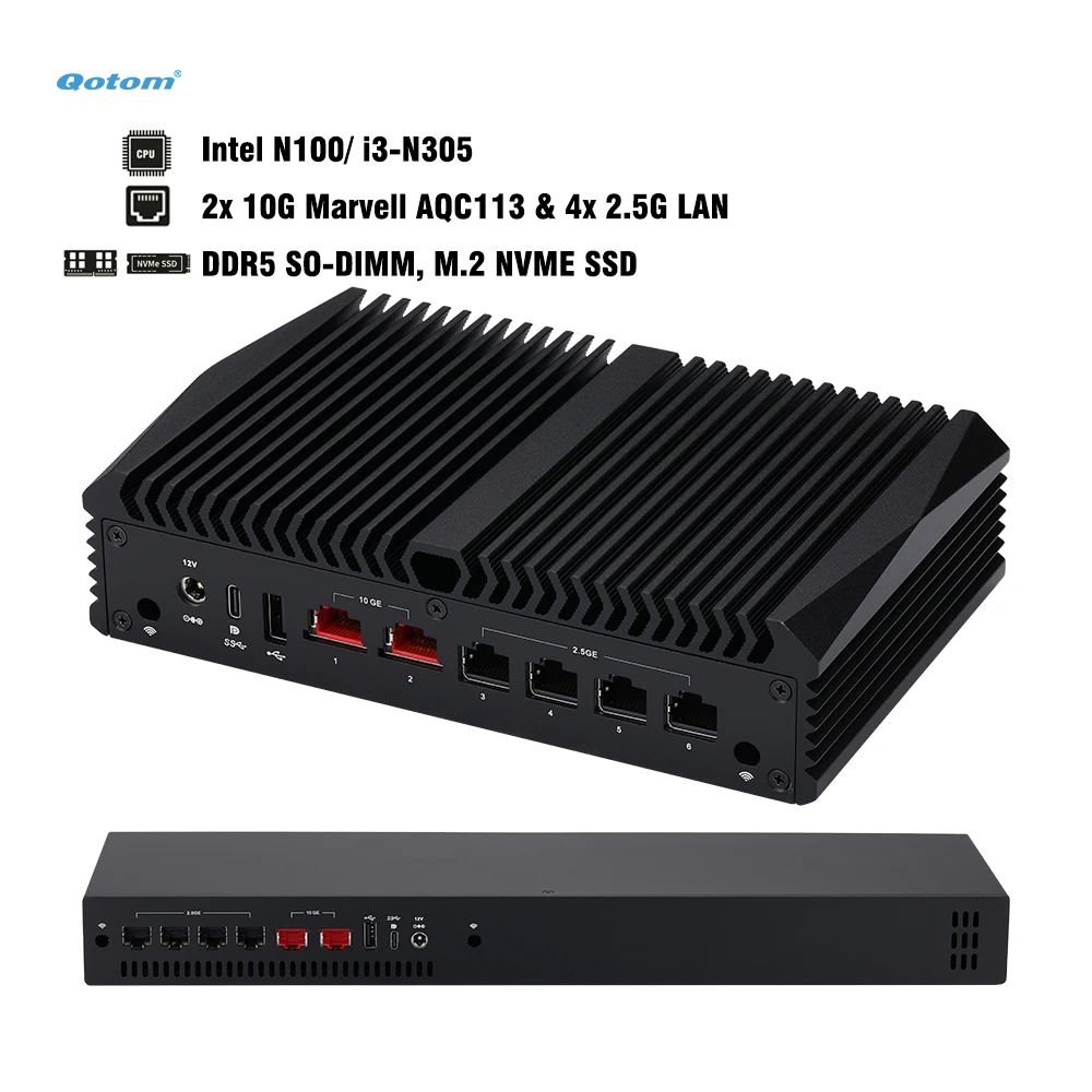 Qotom Mini PC Intel N100/ N305, 2x 10G Marvell AQC113 & 4x Intel I226V 2.5G LAN, DDR5 Router Appliance for OpenWrt/ Linux