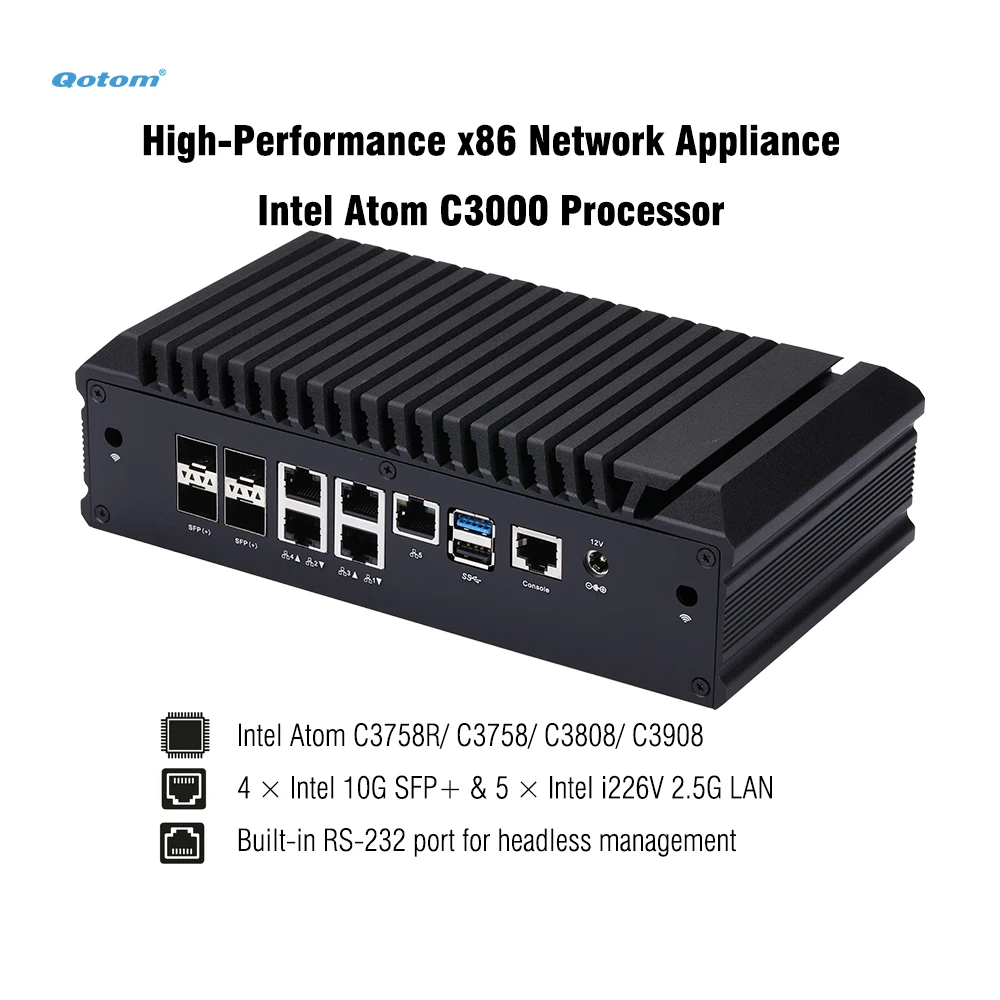 Mini PC Q20300G9 CPU Atom C3000, 4x 10G SFP+, 5x 2.5G LAN, Barebone Support 2x DDR4 RAM, 2x NVMe SSD, 2x HDD, Firewall Router