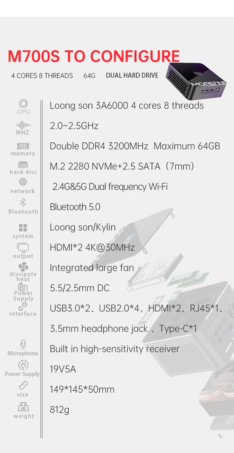 MOREFINE Mini Host M700S Loongson CPU 3A6000 High-Performance Processor Office Home Micro Computer Gaming Pc 16GB DDR4 256GB SSD