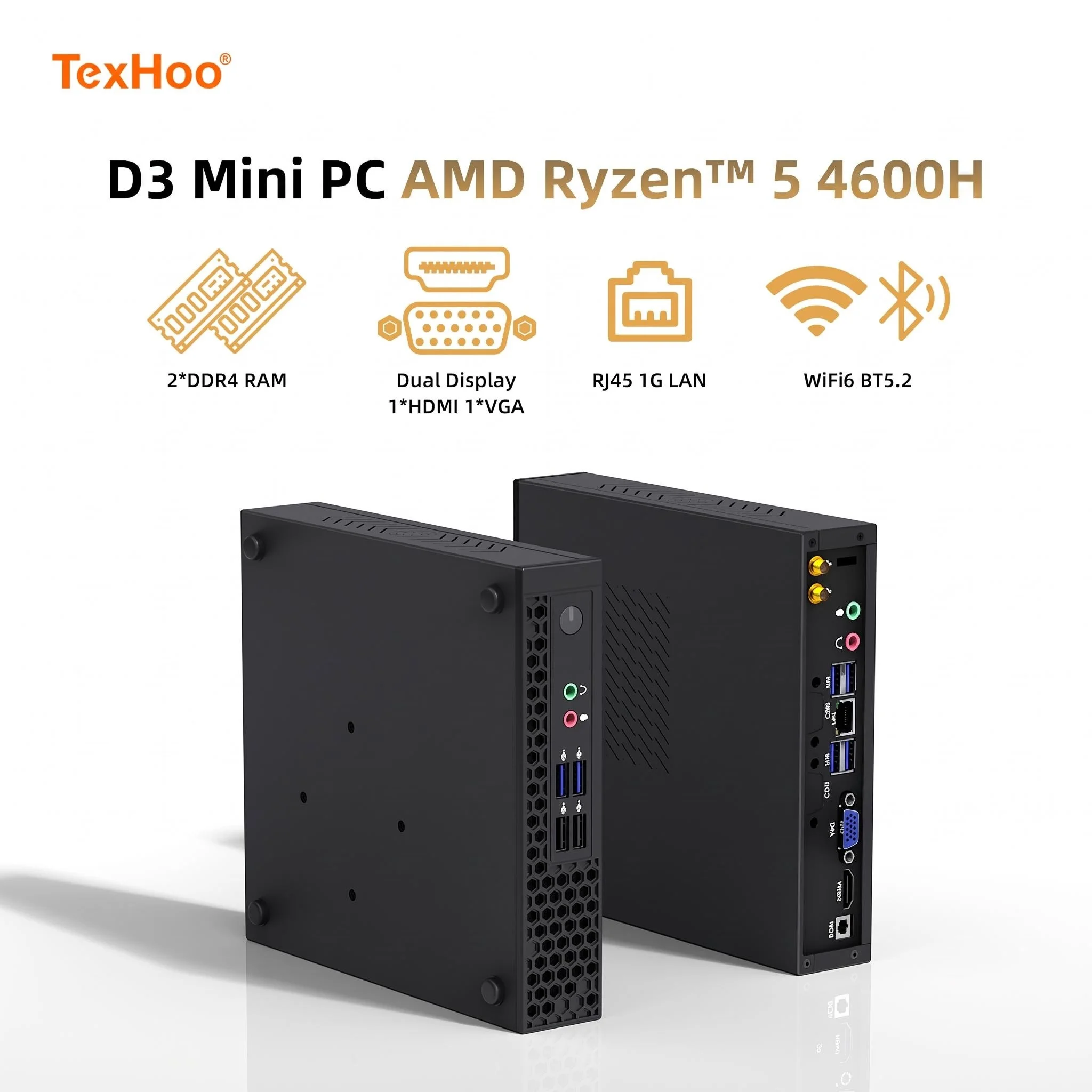 Texhoo MINI PC AMD Ryzen5 4600H Windows 11 16G DDR4 2666MHz 512G NVMe SSD Desktop Mini Computers WIFI6 BT5.2 Dual 4k Display