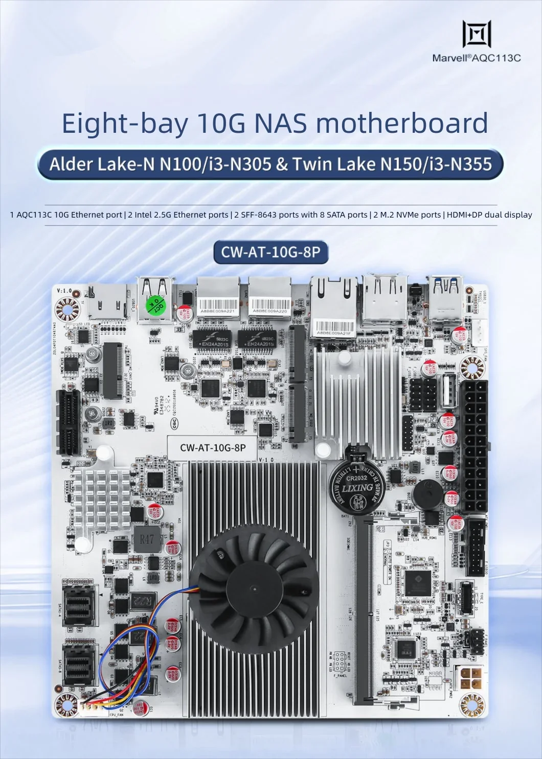 Topton 8-Bay 10G NAS Motherboard Intel i3-N300 N150 1*10G+2*2.5G LANs 2*NVMe 2*SFF-8643 to 8*SATA Type-C Firewall ITX Mainboard