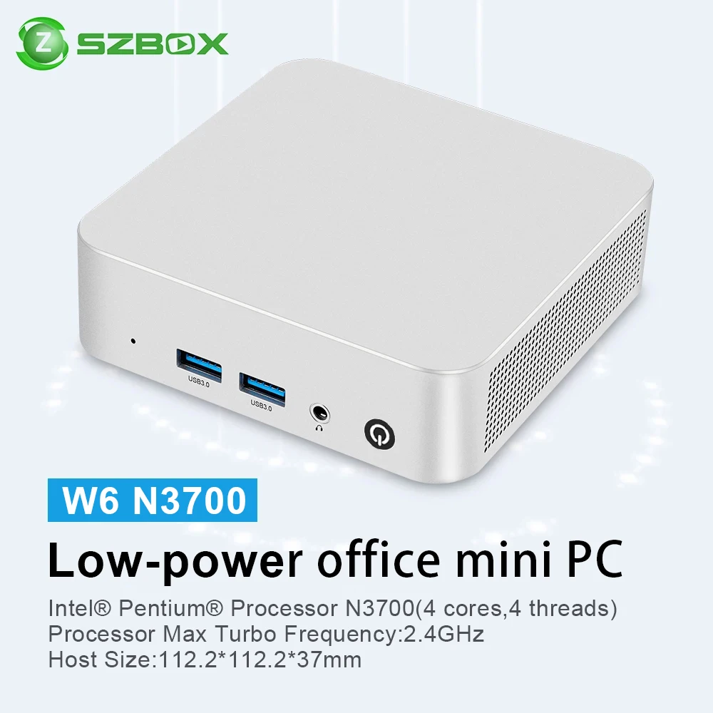 SZBOX W6 Mini PC Intel N3700 MINI PC Windows 10 SO-DIMM RAM 8GB 128GB SSD RJ45 1000M LAN M.2 SATA3*2 Desktop Gaming Computer