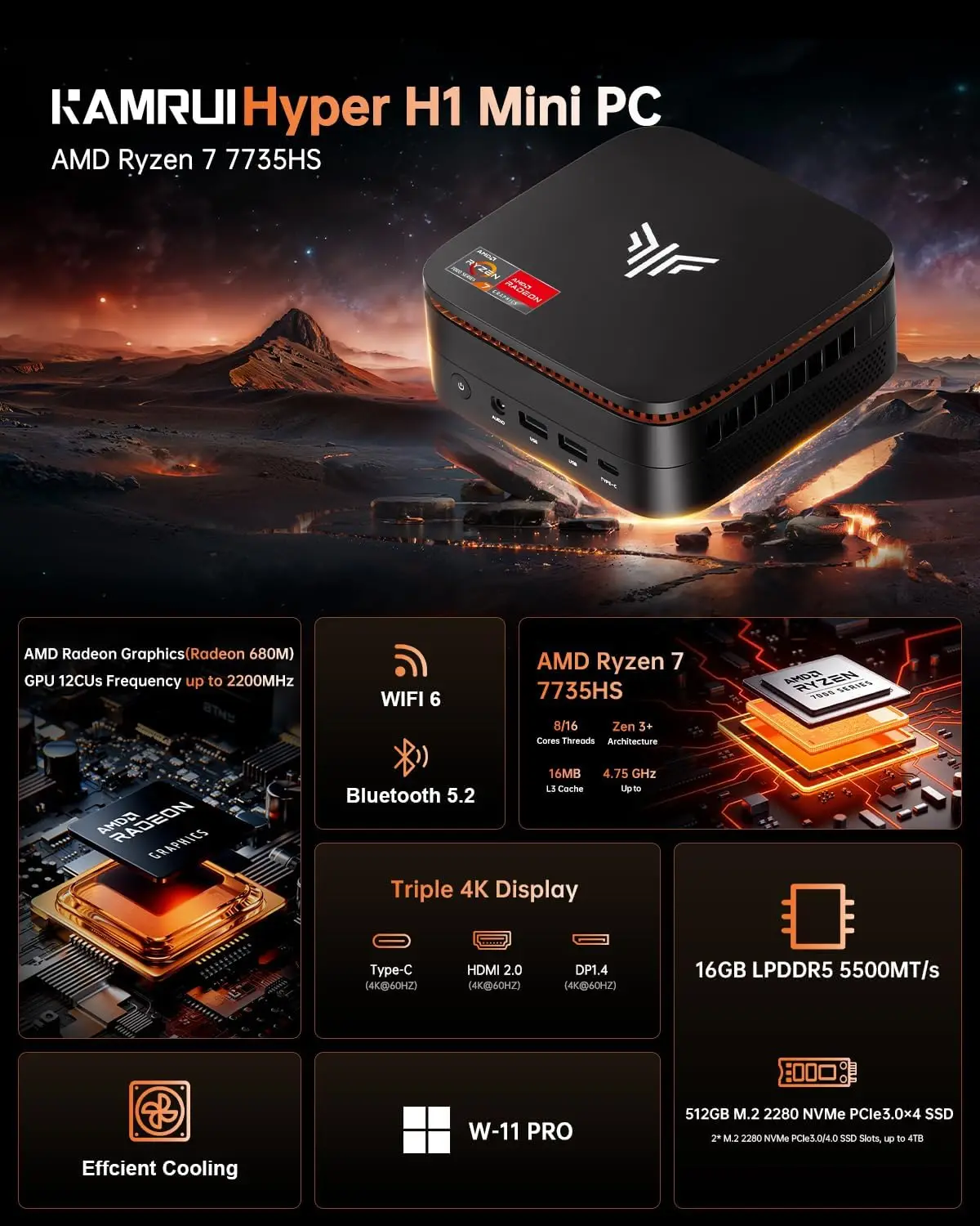 KAMRUI Mini PC R7 7735HS 16GB LPDDR5 512GB PCIe3.0 SSD Triple 4K Disply WiFi6 BT5.2 2.5Gbps LAN Win11Pro for Light Gaming Office