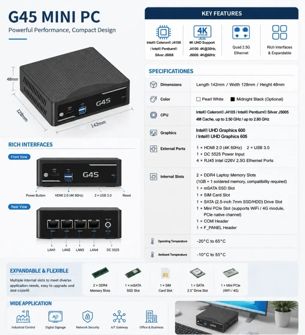 SZBOX G4S Soft Router Intel J4105/J5005 Industrial Mini PC 4* 2.5G LAN Firewall Appliance NAS VPN Network Server Computer