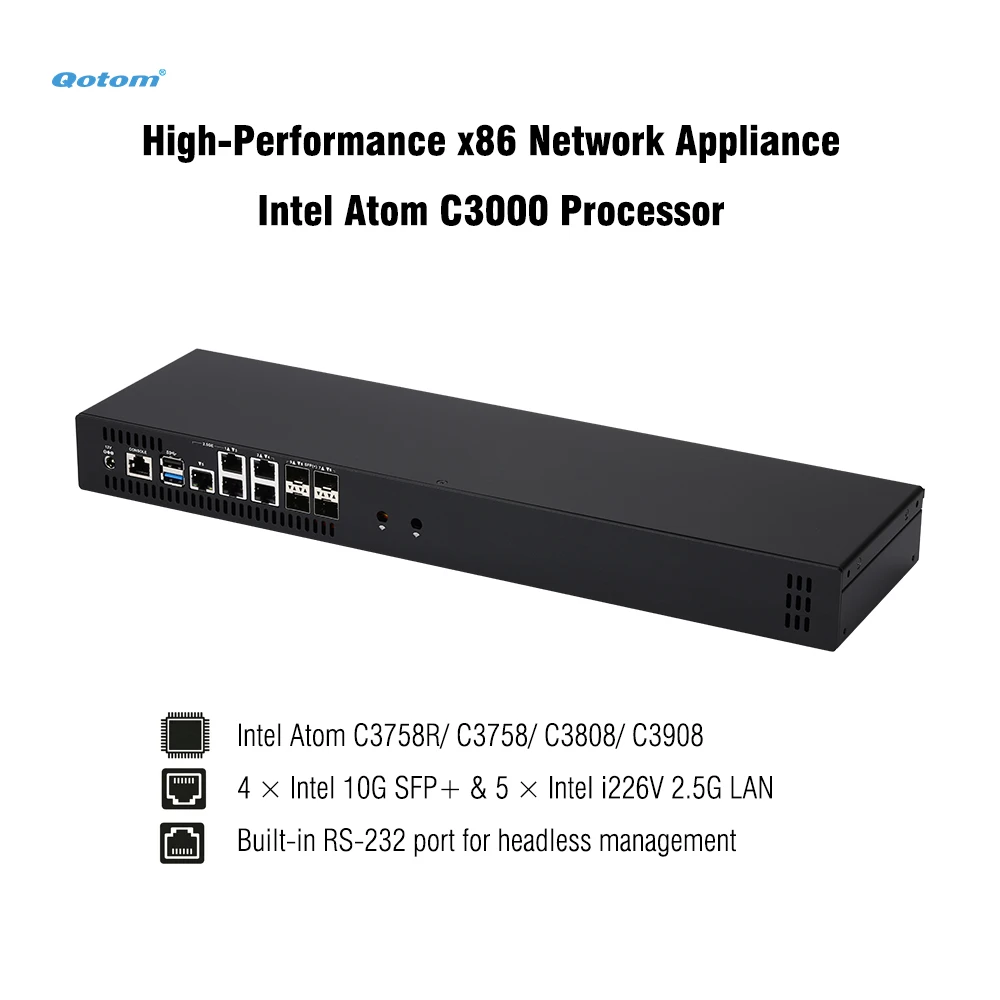Q20300G9 1U Rack - Atom C3000 CPU, 4x 10G SFP+/ 5x 2.5G LAN, Barebone Support 2x DDR4 RAM, 2x NVMe SSD, 1x HDD, Firewall Router