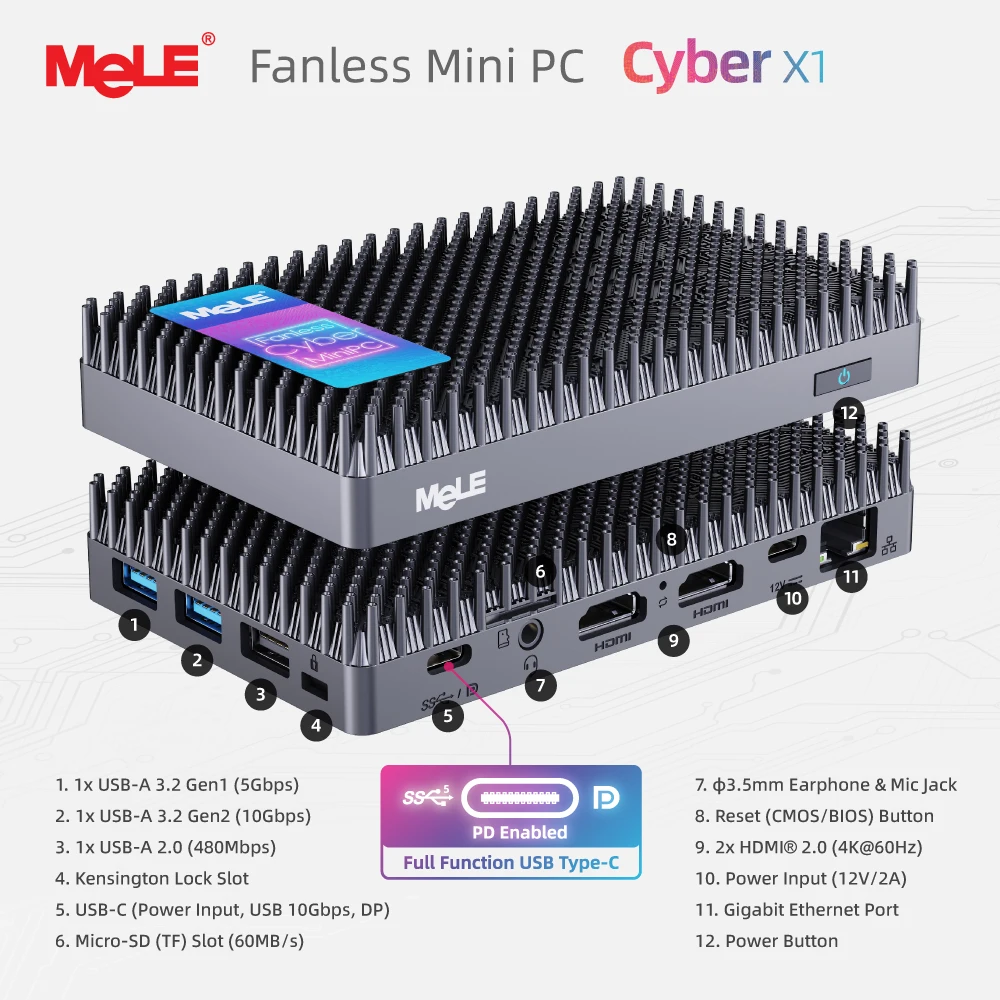 MeLE Cyber X1 Mini PC N150 Fanless PC 8GB 16GB 128GB 256GB 512GB 2.4/5G Wi-Fi, Full-Functional USB-C, 4K Triple Display Desktop