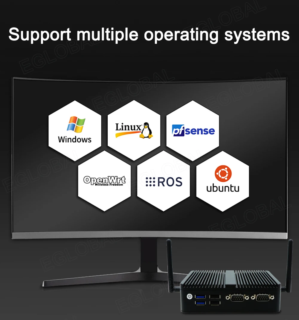 EGLOBAL Intel 12th Elkhart Lake J6412 6413 N95 N100 3HDMI Fanless Mini PC Dual LAN 2x RS232 Windows11 Linux Industrial Computer
