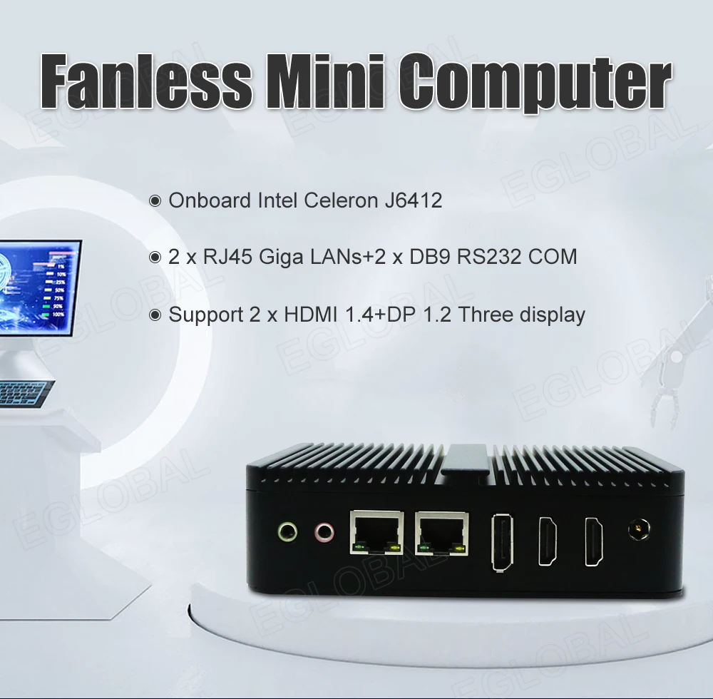 EGLOBAL Intel 12th Elkhart Lake J6412 6413 N95 N100 3HDMI Fanless Mini PC Dual LAN 2x RS232 Windows11 Linux Industrial Computer
