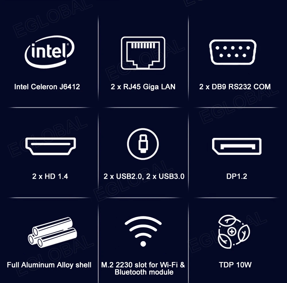 EGLOBAL Intel 12th Elkhart Lake J6412 6413 N95 N100 3HDMI Fanless Mini PC Dual LAN 2x RS232 Windows11 Linux Industrial Computer