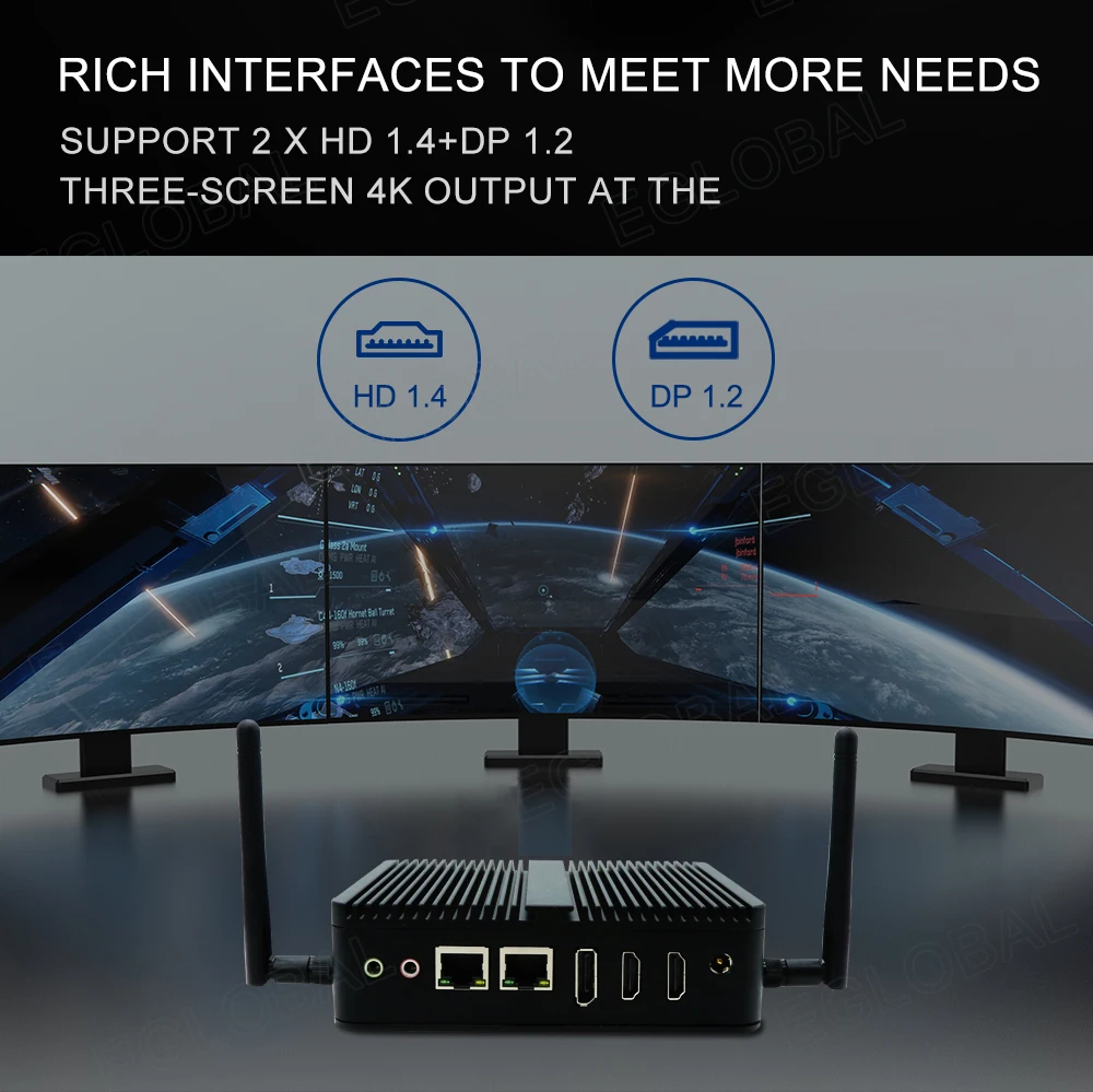 EGLOBAL Intel 12th Elkhart Lake J6412 6413 N95 N100 3HDMI Fanless Mini PC Dual LAN 2x RS232 Windows11 Linux Industrial Computer