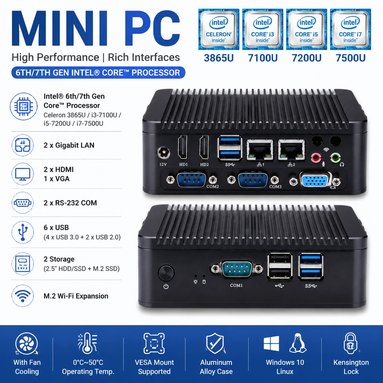 QOTOM Mini PC Q30600PV Intel i7 7500U i5 7200U i3 7100U 3865U Dual LAN 2 COM VGA Industrial Computer Win10 Linux