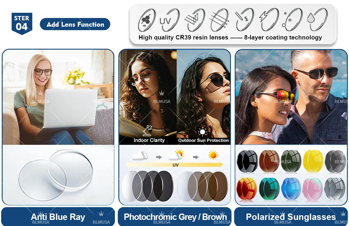 BLMUSA (M) Trendy Pilot Round Myopia Photochromic Prescription Reading Glasses Anti Blue Light Optical Men Polarized Sunglasses