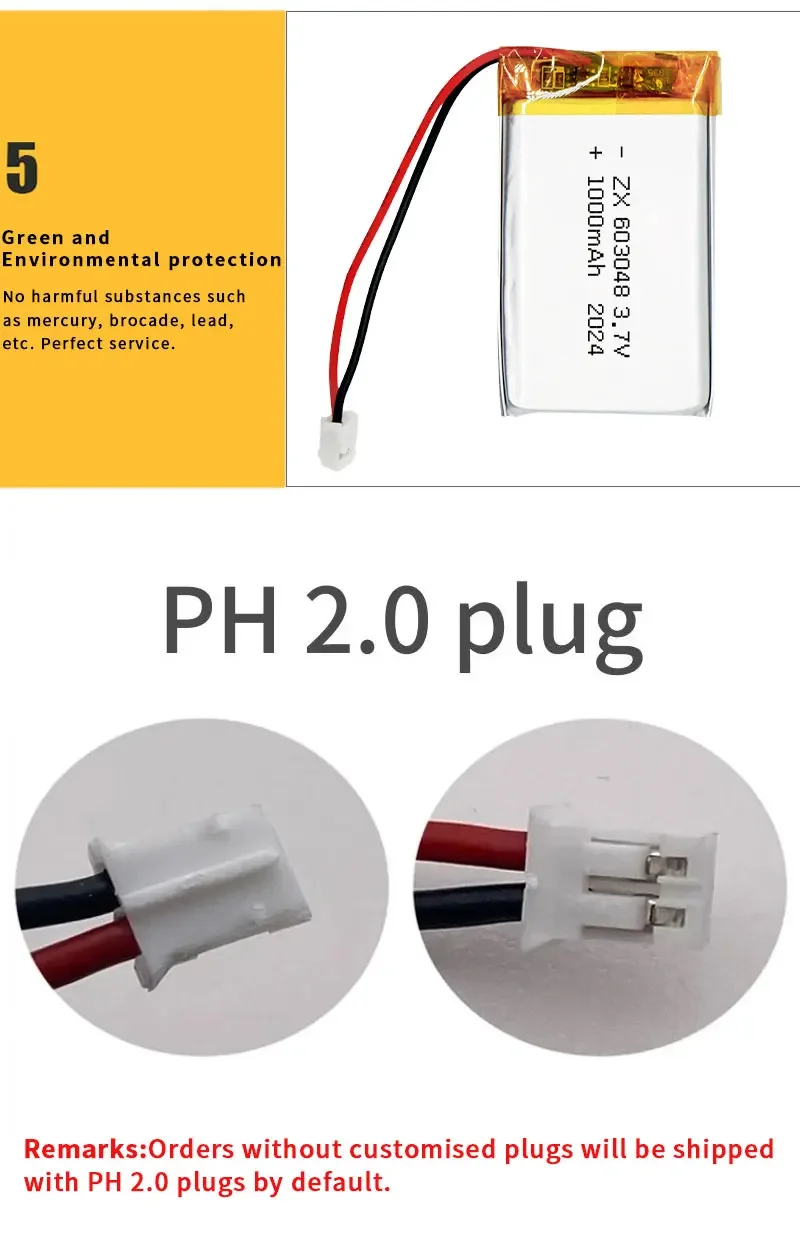 603048 3.7V Battery 1000mAh Rechargeable Lithium Batteries Polymer Cell for Game Console Controller Tendon Gun Bluetooth Headset