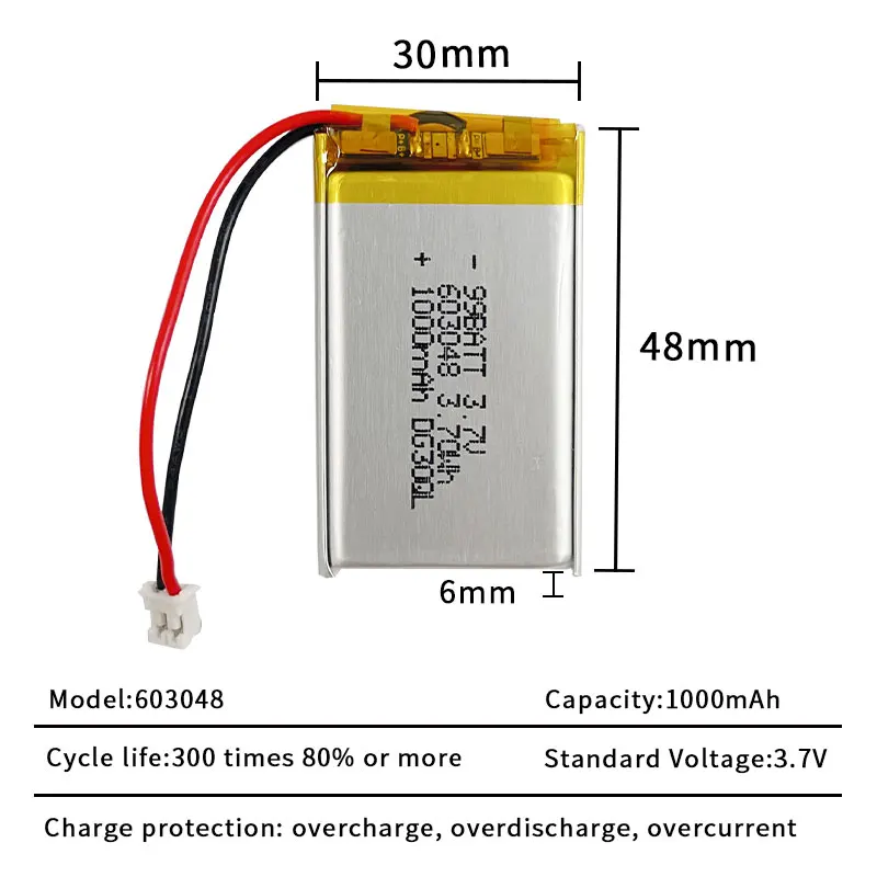 603048 3.7V Battery 1000mAh Rechargeable Lithium Batteries Polymer Cell for Game Console Controller Tendon Gun Bluetooth Headset