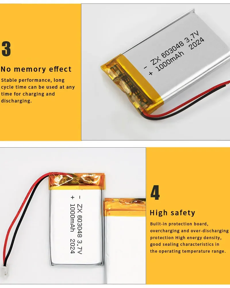 603048 3.7V Battery 1000mAh Rechargeable Lithium Batteries Polymer Cell for Game Console Controller Tendon Gun Bluetooth Headset