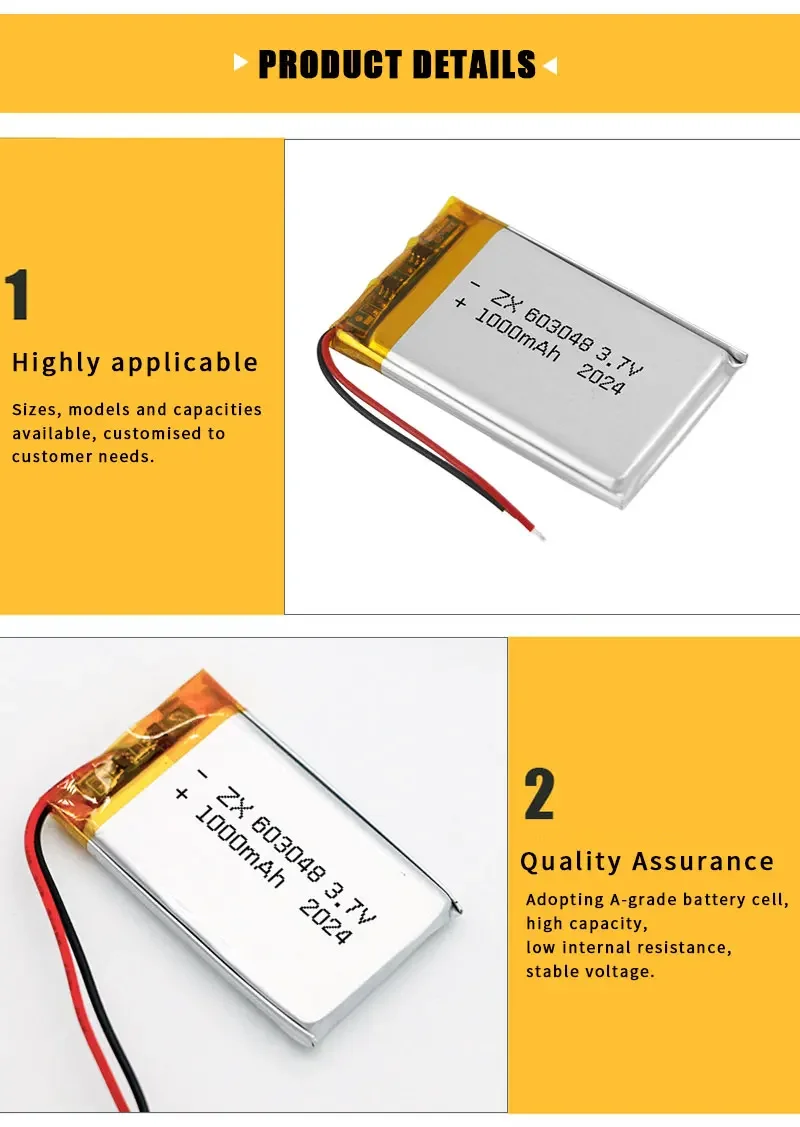 603048 3.7V Battery 1000mAh Rechargeable Lithium Batteries Polymer Cell for Game Console Controller Tendon Gun Bluetooth Headset