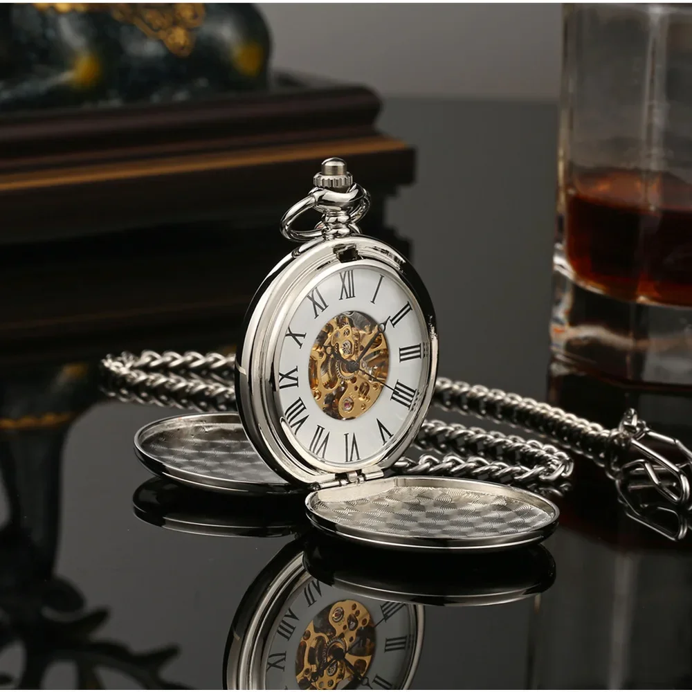 New Hand Wind Mechanical Men Pocket Watch Skeleton Dial Steampunk Necklace Pendant Vintage Dress Fob Watches for Weeding Gift