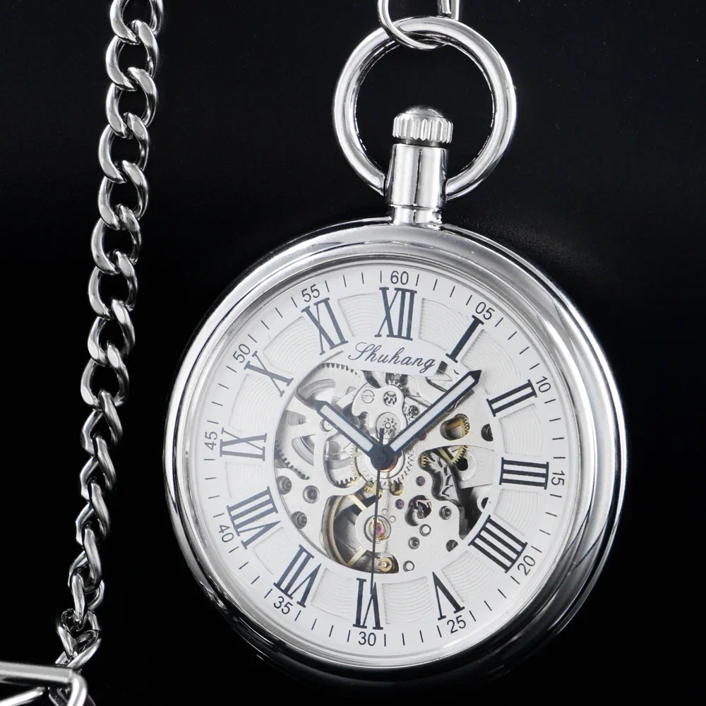 SHUHANG New Mechanic Watch Men Automatic Self Winding Pocket Watch Silver Simple Open Face Chain Pendant with Roman Number