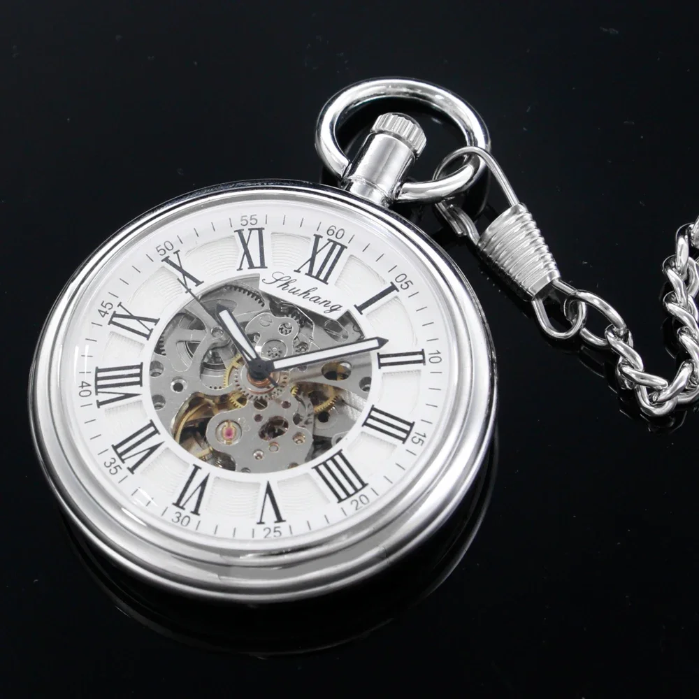 SHUHANG New Mechanic Watch Men Automatic Self Winding Pocket Watch Silver Simple Open Face Chain Pendant with Roman Number